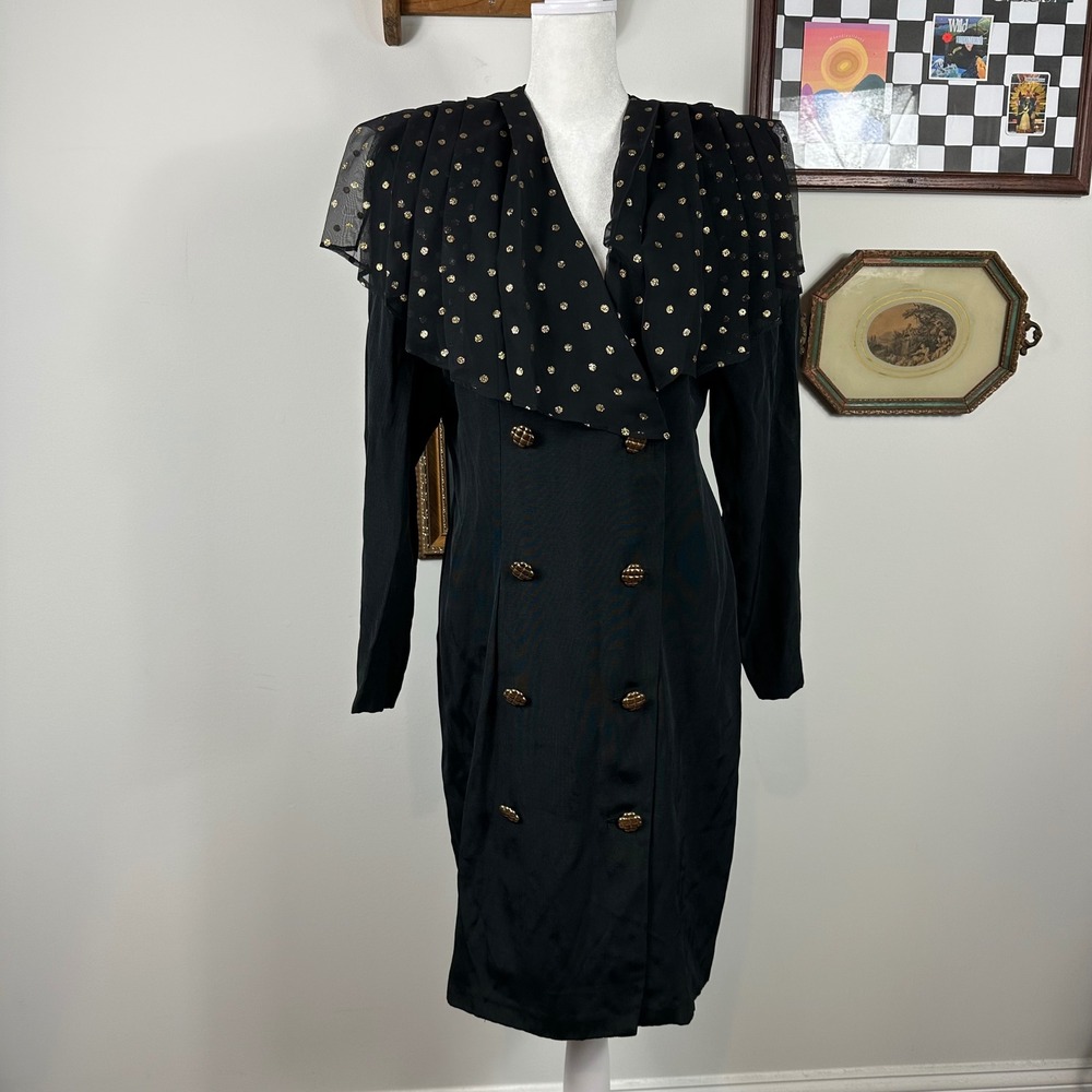 Vintage Scarlett Black Blazer Dress with Sheer Black and‎ Gold Polka Dot Overlay